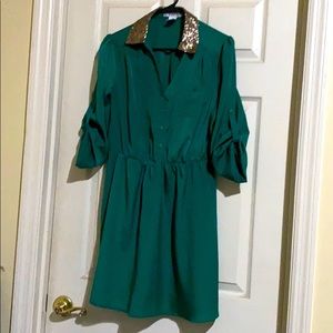 Green, shirt dress, sequin collar, 3/4 sleeves